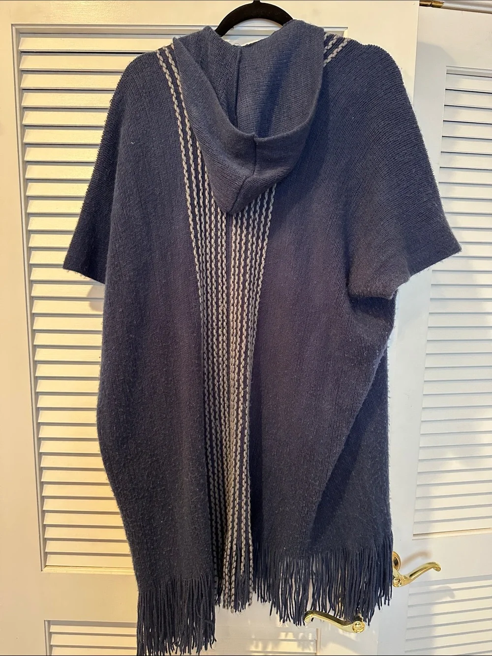 Max Edition Navy Hooded Fringe Poncho with Cream Trim